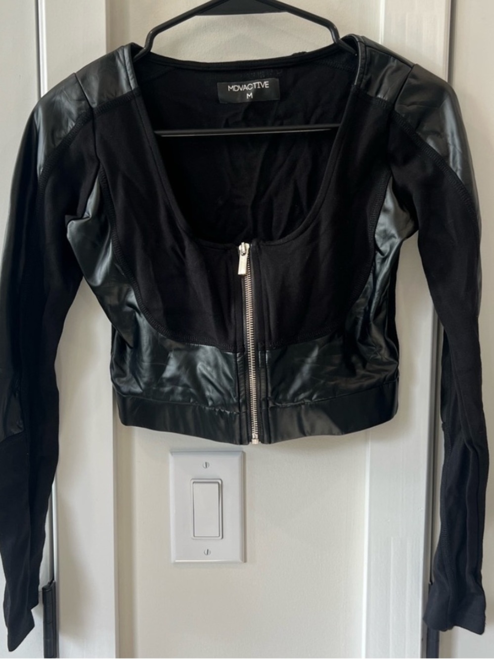 Maniere De Voir Black Cropped Moto Jacket with Faux Leather Panels